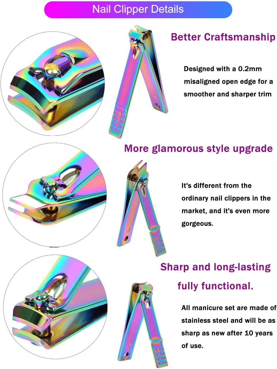 2020 New Rainbow Manicure Kits 18 Pcs Nail Clippers for Women Gift SFYDOM Women's Rainbow Leather Manicure Set (18-RainbowManicure Kits) - Image 6
